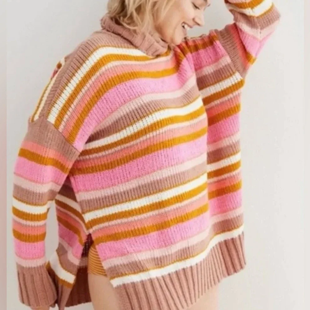 AERIE PINK BROWN STRIPE TURTLENECK SWEATER MEDIUM OVERSIZED
